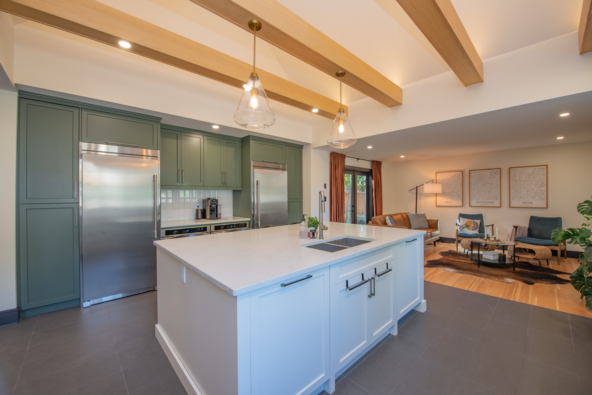 Kitchen sink and window wall with beams