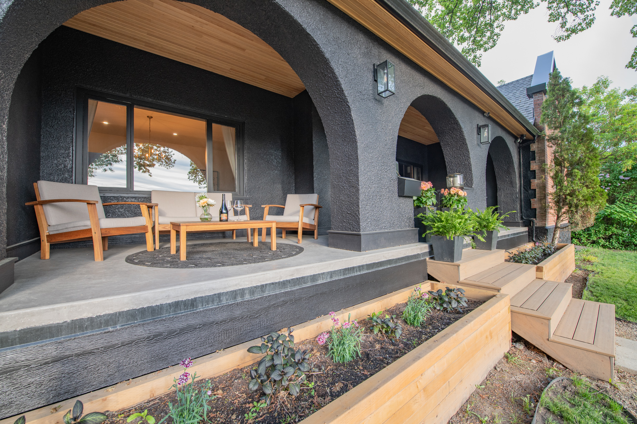 Seating on brick-arch veranda